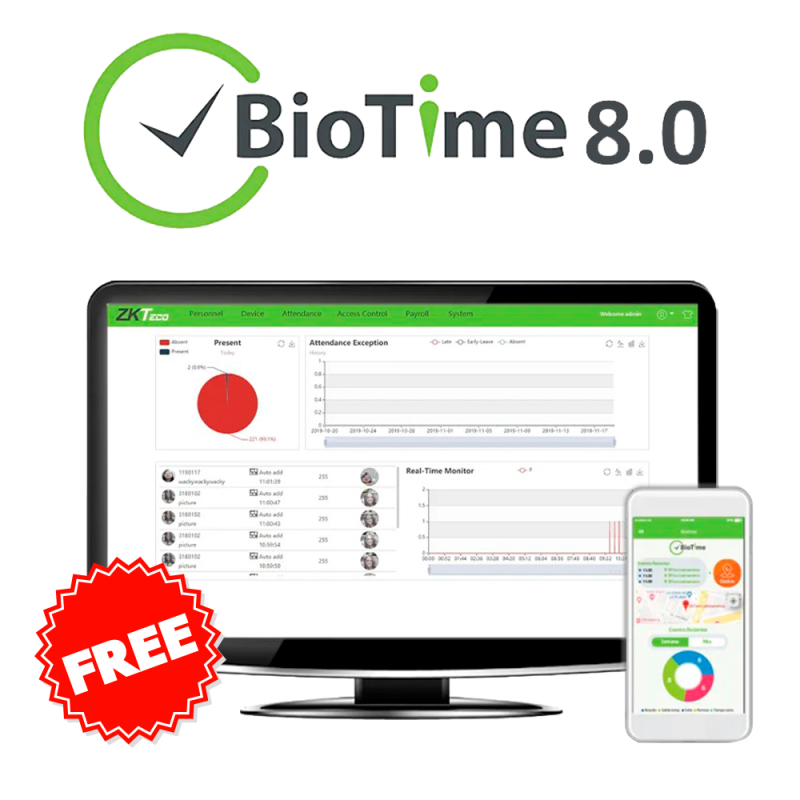 ZK-BIOTIME8-2 - Licenza software per la rilevazione presenze - 2 dispositivi / 100 utenti / 1 APP - Timbrature da remoto con ZK- ZK-BIOTIME8-2 - Licenza software per la rilevazione presenze - 2 dispositivi / 100 utenti / 1 APP - Timbrature da remoto con ZK-