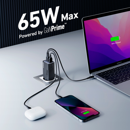 ANK-735-WCHARGER-65W1A2C-B - Anker - Caricabatterie USB - Potenza 65W | Con tecnologia GaNPrime - Ricarica veloce - Uscite 1x US