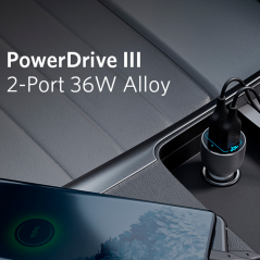 ANK-CCHARGER-POWERDRIVE3-B - Anker - Accendisigari per auto in metallo - Potenza 36W - Ricarica rapida 18W | Tecnologia QC3.0 - 