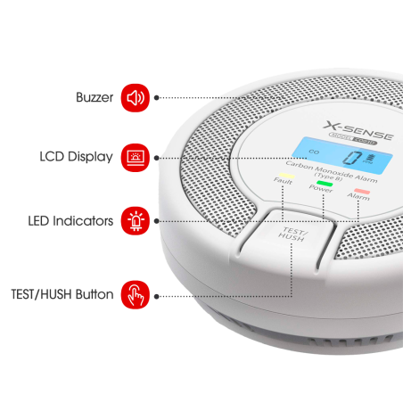 CO03D - Rilevatore di CO autonomo X-Sense - Batteria sostituibile - Indicatore luminoso di allarme - Allarme acustico 85 dB a 3m