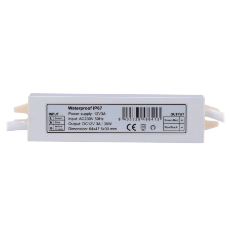 DC12V3A-IP67 - Alimentatore - Uscita DC 12 V, 3 A - Uscita AC 230V 50Hz - Waterproof IP67 - Protezione: Sovraccarico/Sovratensio