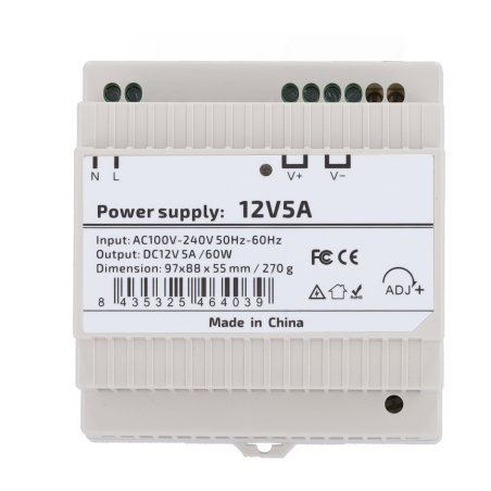 DC12V5A-DIN-P - Alimentatore - uscita DC 12 V 5 A / 60 W - Tensione in ingresso AC 100V ~ 240V 50Hz-60Hz - 97 (P) x 55 (I) x 88 