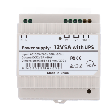 DC12V5A-DIN-UPS-P - Alimentatore con funzione UPS - uscita DC 12 V 5 A / 60 W - Tensione in ingresso AC 100V ~ 240V 50Hz-60Hz - 