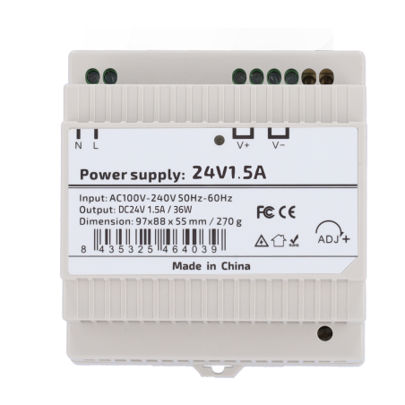 DC24V1A5-DIN-P - Alimentatore - uscita DC 24 V 1.5 A / 36 W - Tensione in ingresso AC 100V ~ 240V 50Hz-60Hz - 97 (P) x 55 (I) x 