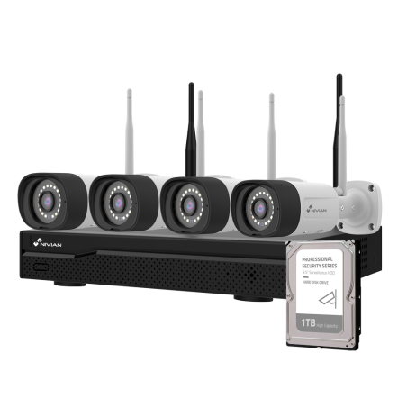 NV-KIT1630W6-4CAM-1TB - Kit TVCC WiFi Nivian - NVR 16 canali - 4 telecamere 3 Mp preregistrate - Adatte per uso esterno IP66 - I