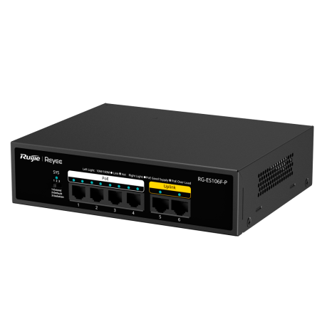 RG-ES106F-P - Reyee Switch PoE da Tavolo - Alloggiamento in Metallo - 6 porte RJ45 10/100 Mbps - 4 Porte PoE+ 802.3af/at + 2 Por