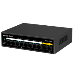 RG-ES110F-P - Reyee Switch PoE da Tavolo - Alloggiamento in Metallo - 8 porte RJ45 10/100 Mbps PoE+ 802.3af/at - 2 Porte Uplink 