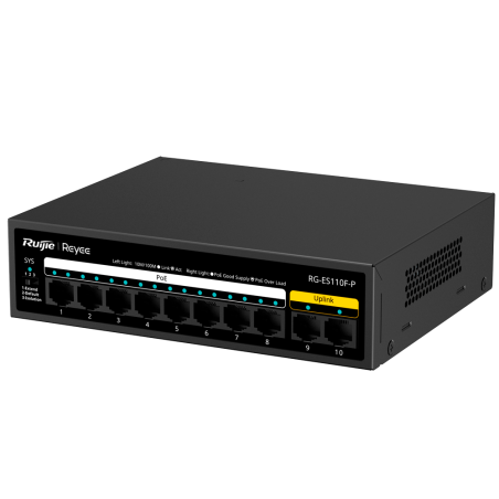 RG-ES110F-P - Reyee Switch PoE da Tavolo - Alloggiamento in Metallo - 8 porte RJ45 10/100 Mbps PoE+ 802.3af/at - 2 Porte Uplink 