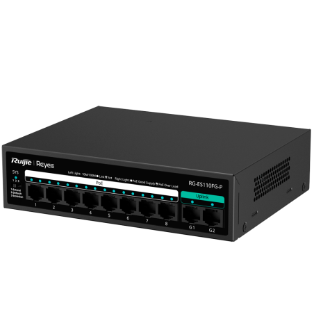 RG-ES110FG-P - Reyee Switch PoE da Tavolo - Alloggiamento in Metallo - 8 porte RJ45 10/100 Mbps - 8 Porte PoE+ 802.3af/at + 2 Up