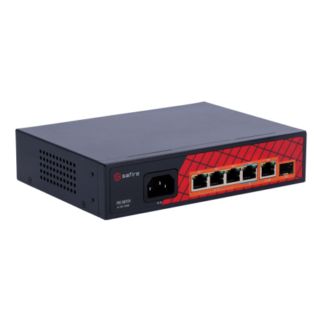 SF-SW0604HIPOE-GF-65 - Safire Switch Hi-PoE - 4 porte PoE + 1 Uplink RJ45 + 1 Uplink SFP - Velocità porte Gigabit 10/100/1000Mbp