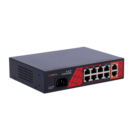 SF-SW1008HIPOE-H-120 - Safire Switch Hi-PoE - 8 porte PoE + 2 Uplink RJ45 - Ibrido 8x10/100Mbps + 2x10/100/1000Mbps - 6 Porte Po