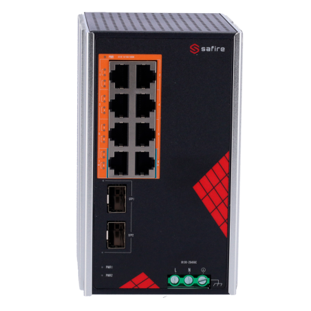 SF-SWI1008HIPOE-GF-AC-130-DIN - Safire Switch Industriale Alimentazione AC e DC - 8 porte Gigabit + 2 SFP Gigabit - 6 Porte PoE+