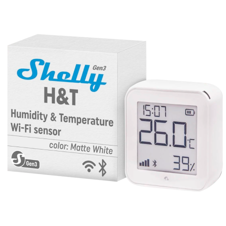 SH-HT-GEN3-MW - Shelly H&ampT Gen 3 Bianco Opaco - WiFi 2.4 GHz IEEE802.11 b/g/n / Bluetooth - Sensore H&ampT - Display a basso 