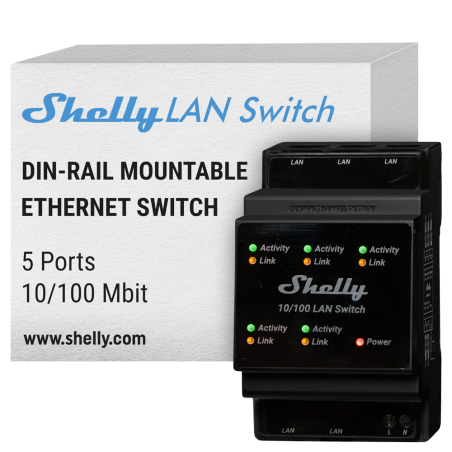 SH-LAN-SWITCH - Shelly LAN Switch - Montaggio su guida DIN - 5 porte RJ45 - Supporta 110V - 230V - Switch Ethernet - Espandi le 
