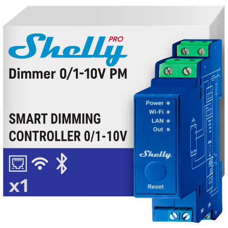 SH-PRO-DIMMER-01-10V-PM - Shelly Pro Dimmer 0/1 - 10V PM - WiFi 2.4 GHz IEEE802.11 b/g/n / Bluetooth - Dimmer smart su guida DIN