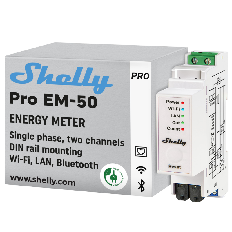 SH-PRO-EM-50 - Shelly PRO EM - 50 - WiFi 2.4 GHz IEEE802.11 b/g/n - Misuratore di consumo - Supporta 110-230 V - Ideale per le c SH-PRO-EM-50 - Shelly PRO EM - 50 - WiFi 2.4 GHz IEEE802.11 b/g/n - Misuratore di consumo - Supporta 110-230 V - Ideale per le c