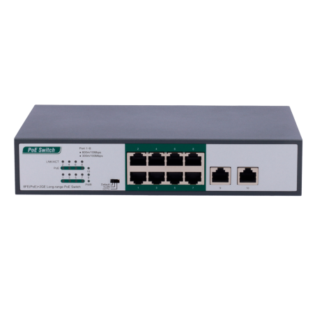 SW1008POE-H-800M-120W - Switch PoE - 8 porte PoE FE + 2 GE - Velocità 8 x10/100Mbps + 2 x10/100/1000Mbps - 8 porte PoE+ fino a 8