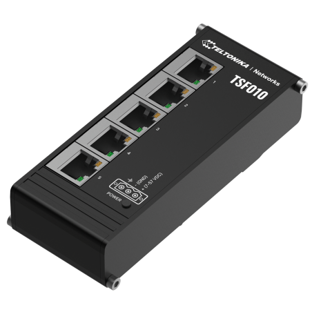 TK-TSF010 - Teltonika Switch Unmanaged Industriale - 5 porte Ethernet RJ45 Fast Ethernet - Robusto alloggiamento in alluminio an