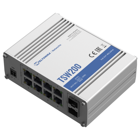 TK-TSW200 - Teltonika Switch PoE Unmanaged Industriale - 8 porte Ethernet RJ45 Gigabit +2 SFP Gigabit - 8 Porte Ethernet PoE+ 80