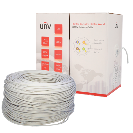 UV-UTP5E-300-BC24AWG-DCA-B-W - Uniview cavo UTP categoria 5E, - Conduttore OFC,100% rame - Diametro 24 AWG-0,50mm - Certificato 