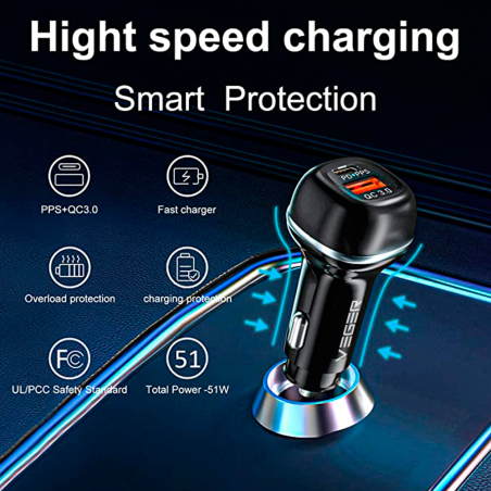 VG-CC62-1A1C - VEGER - Accendisigari per auto - Potenza 51W - Ricarica rapida PD30W, QC18W - Uscite USB-C, USB-A - Colore Nero