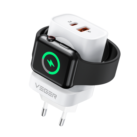 VG-W002E - VEGER - Caricabatterie USB e wireless (per iWatch) - Potenza 25W - Ricarica veloce 22.5W - Uscite USB-A, USB-C e wire