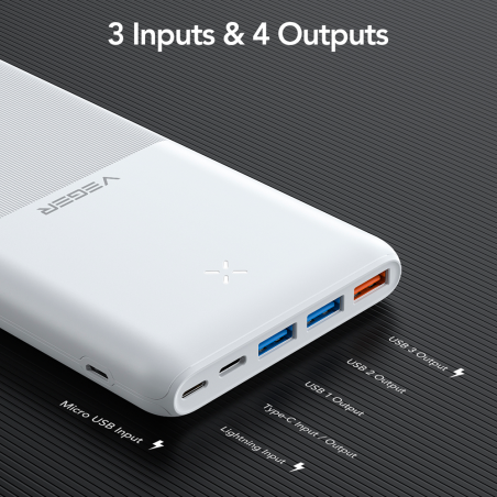 VG-W2060 - VEGER Power bank con LED di ricarica - Capacità 20000mAh - Ingressi USB-C, Micro USB, Lightning - Uscite USB-C, 3x US