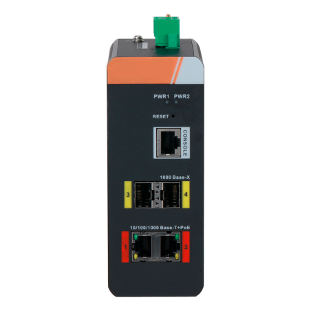 XS-SWI0402HIPOE-MGF-120-DIN - Switch PoE X-Security su Guida DIN - 2 porte PoE RJ45 + 2 SFP - Velocità 10/100/1000 Mbps - 90W po