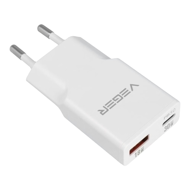 VG-30W1A1C - VEGER - Cargador USB QC3.0 / PD3.0 - Potencia 30W - Carga 2 dispositivos a la vez - Salidas USB-A, USB-C - Color bl VG-30W1A1C - VEGER - Cargador USB QC3.0 / PD3.0 - Potencia 30W - Carga 2 dispositivos a la vez - Salidas USB-A, USB-C - Color bl