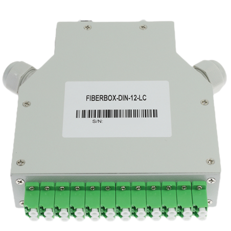 FIBERBOX-DIN-12-LC - Scatola in fibra - 12 Porte LC/APC duplex - Tipo APC lucido, colore verde - Vassoio di giunzione (senza pig