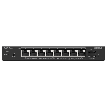 RG-ES209MG-P - Reyee Switch PoE Cloud Layer 2 - 8 porte PoE MultiGigabit+ 1 10Gbps SFP+ - PoE 802.3af/at fino a 30w / Massimo 13
