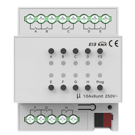 AK-KXAC-B1R8A10 - Relè intelligente da 8 linee - KNX - Carico massimo 10 per linea - Potenza massima 2300 W per linea - Alimenta