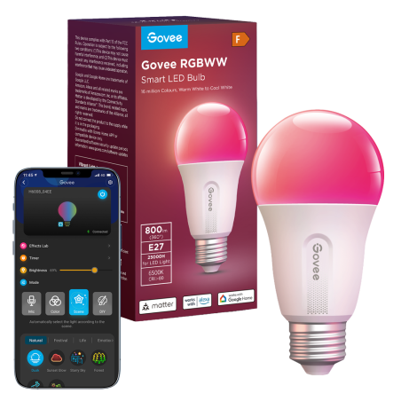 GV-BULB-H6004-E27-1P - Lampadina smart E27 Govee - Wi-Fi 2.4 GHz + Bluetooth - Colore segmentato + Bianco caldo/freddo - Intensi