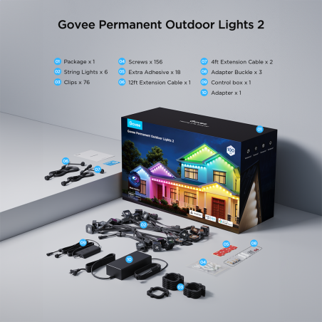 GV-OUT-H705E-30M-PERMANENT2 - Govee Luci da esterno fisse 2 - Wi-Fi 2.4 GHz + Bluetooth - Colore segmentato + Bianco - 40 lumen/