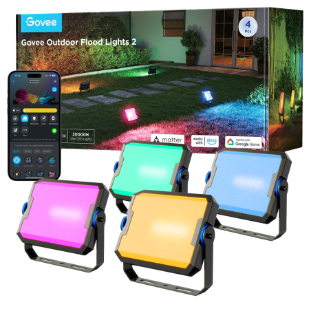 GV-OUT-H8057-FLOOD-4PK - Govee pack 4 faretti LED - Wi-Fi 2.4 GHz + Bluetooth - Colore segmentato + Bianco caldo/freddo - Intens