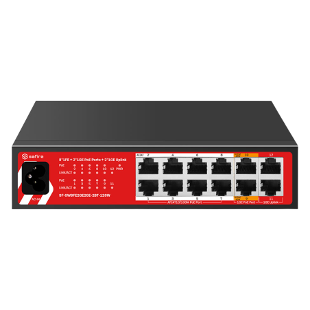 SF-SW8FE2GE2GE-2BT-120W - Safire Switch Hi-PoE - 10 porte PoE + 2 Uplink RJ45 - 8x10/100Mbps + 4x10/100/1000Mbps - 8 Porte PoE+ 