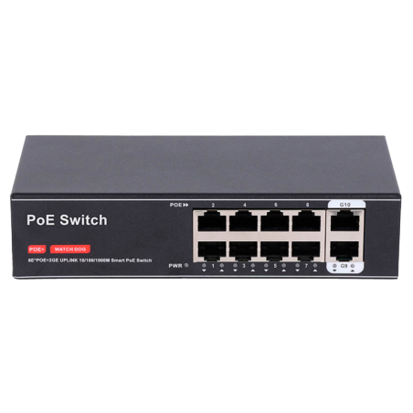 SW8FE2GE-100W - Switch PoE - 8 porte PoE + 2 Uplink RJ45 - Velocità 10/100 Mbps + Uplink 1000Mbps - PoE IEEE 802.3 af/at - Fino 