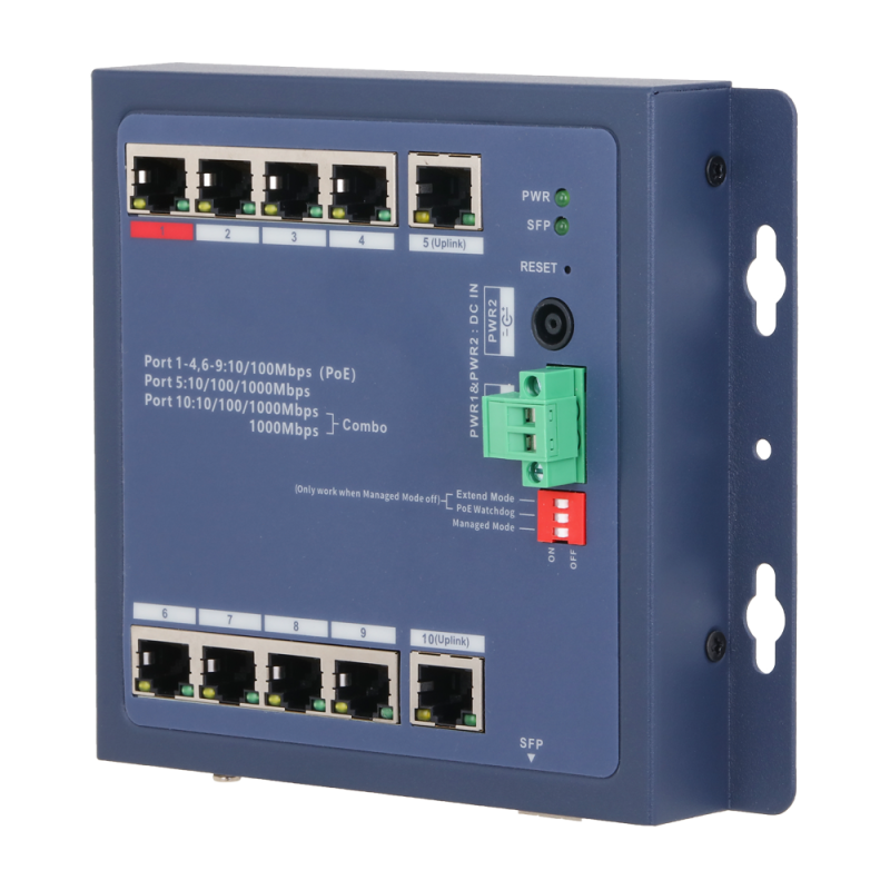 XS-SWI1008HIPOE-MFC-90-DIN - X-Security Industrial L2 Managed Switch - 8 puertos PoE 10/100 (Puerto 1 BT hasta 90W) - Uplink dua