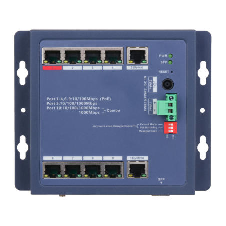 XS-SWI1008HIPOE-MFC-90-DIN - X-Security Industrial L2 Managed Switch - 8 puertos PoE 10/100 (Puerto 1 BT hasta 90W) - Uplink dua