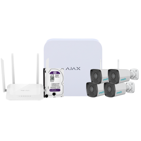 AJ-NVRKIT108B-2W - Kit di videosorveglianza Ajax - Videoregistratore Ajax da 8 canali - 4 telecamere bullet WiFi da 2 Mpx Uniarc