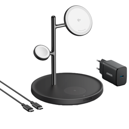 ANK-SWCHARGER-3-IN-1-B - Caricabatterie wireless Anker 3 in 1 - Tecnologia MagGo - Ricarica veloce: iPhone, Airpods, Apple Watch