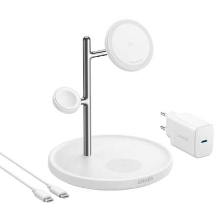 ANK-SWCHARGER-3-IN-1-W - Caricabatterie wireless Anker 3 in 1 - Tecnologia MagGo - Ricarica veloce: iPhone, Airpods, Apple Watch