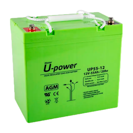 BATT-1255-U - Upower - Batteria ricaricabile - Tecnologia piombo-acido AGM - Voltaggio 12 V - Capacità 55 Ah - 210 x 228 x 137 m
