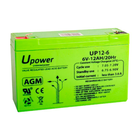BATT-6012-U - Upower - Batteria ricaricabile - Tecnologia piombo-acido AGM - Voltaggio 6 V - Capacità 12.0 Ah - 100 x 151x x 51/