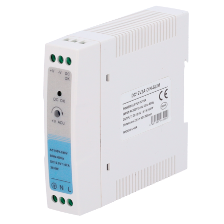 DC12V2A-DIN-SLIM - Alimentatore - uscita DC 12 V 1.67 A / 20 W - Tensione in ingresso 100-240VAC 50/60Hz - 23 x 100 x 92 mm - Mo