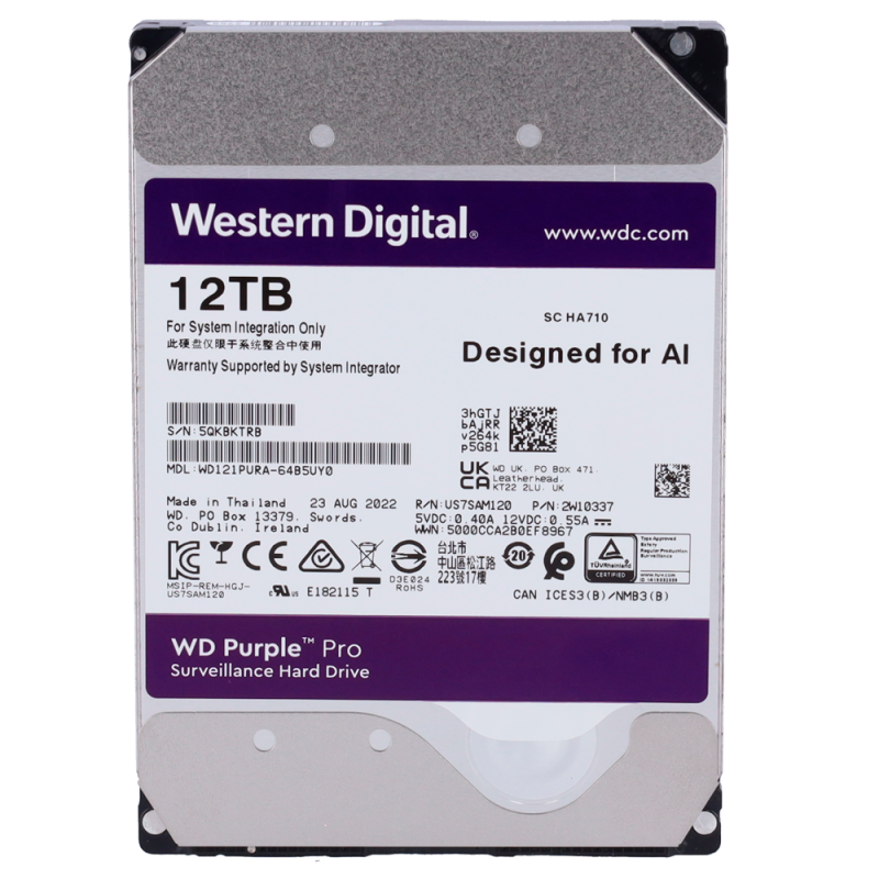 HD12TB - Hard Disk Western Digital - Capacità 12 TB - Interfaccia SATA 6 GB/s - Modello WD121PURZ-64B5UY0 - Speciale per Videore HD12TB - Hard Disk Western Digital - Capacità 12 TB - Interfaccia SATA 6 GB/s - Modello WD121PURZ-64B5UY0 - Speciale per Videore