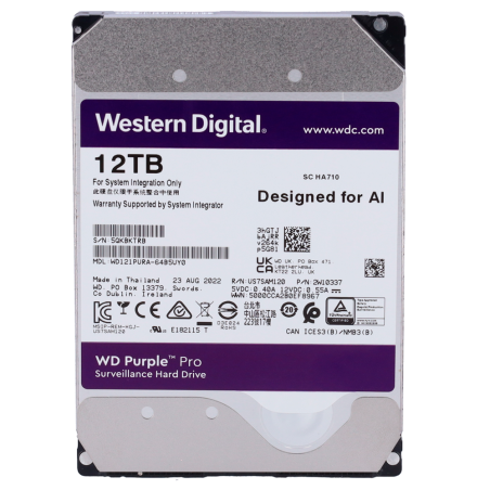 HD12TB - Hard Disk Western Digital - Capacità 12 TB - Interfaccia SATA 6 GB/s - Modello WD121PURZ-64B5UY0 - Speciale per Videore