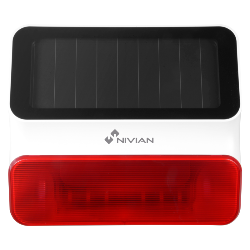 NVS-S8A-U1 - Nivian Smart - Sirena solare per esterni - Alimentazione solare e batteria di riserva - Flash di avviso/Sirena 95dB NVS-S8A-U1 - Nivian Smart - Sirena solare per esterni - Alimentazione solare e batteria di riserva - Flash di avviso/Sirena 95dB