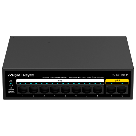 RG-ES110F-P - Reyee Switch PoE da Tavolo - Alloggiamento in Metallo - 8 porte RJ45 10/100 Mbps PoE+ 802.3af/at - 2 Porte Uplink 