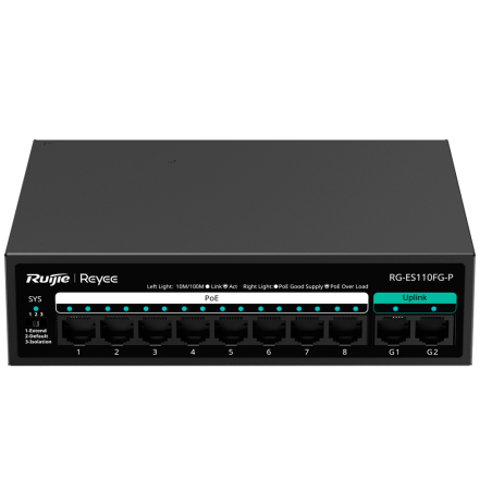 RG-ES110FG-P - Reyee Switch PoE da Tavolo - Alloggiamento in Metallo - 8 porte RJ45 10/100 Mbps - 8 Porte PoE+ 802.3af/at + 2 Up
